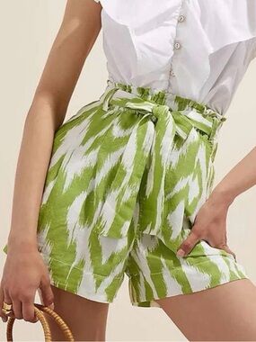 Anthropologie Breezy Paperbag Shorts Green Ikat Linen Blend XS Boho Summer